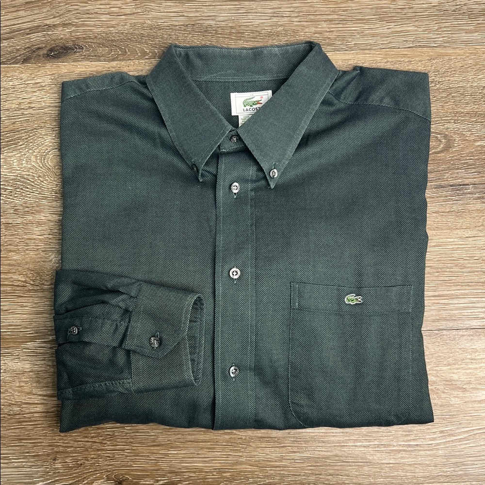 Vintage Lacoste Made in France Button Down Shirt Green Cotton Size 46
